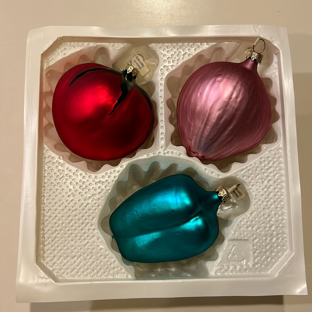 Glass Christmas Tree Ornaments Pink Onion, Red Tomato & Pepper Made  In Germany